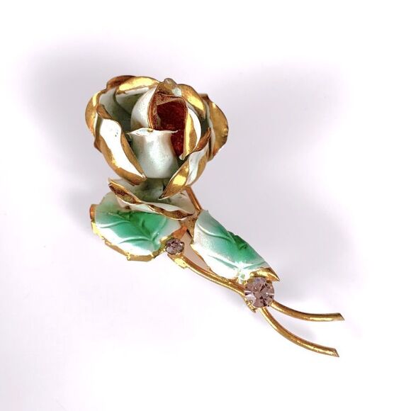 Vintage Metal Rhinestone Rose Floral Brooch - Picture 1 of 6
